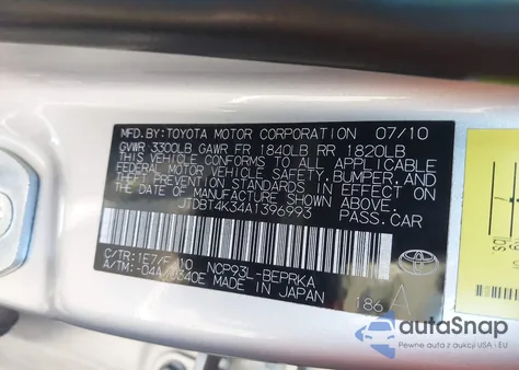 2010 Toyota Yaris z USA, uszkodzony, nr VIN JTDBT4K34A1396993